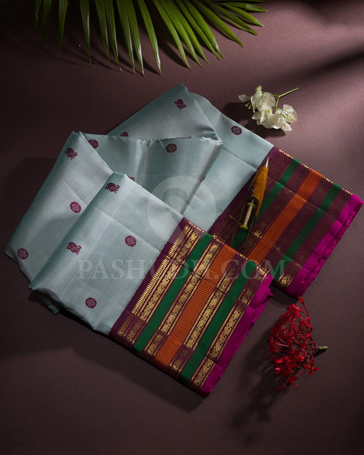 Blue Grey & Paaku Colour Kanjivaram Silk Saree - RK1