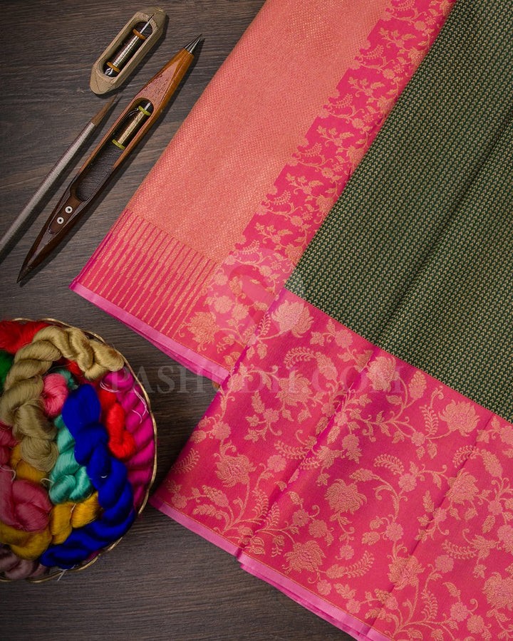 Bottle Green & Rose Pink Kanjivaram Silk Saree - S1070(F)