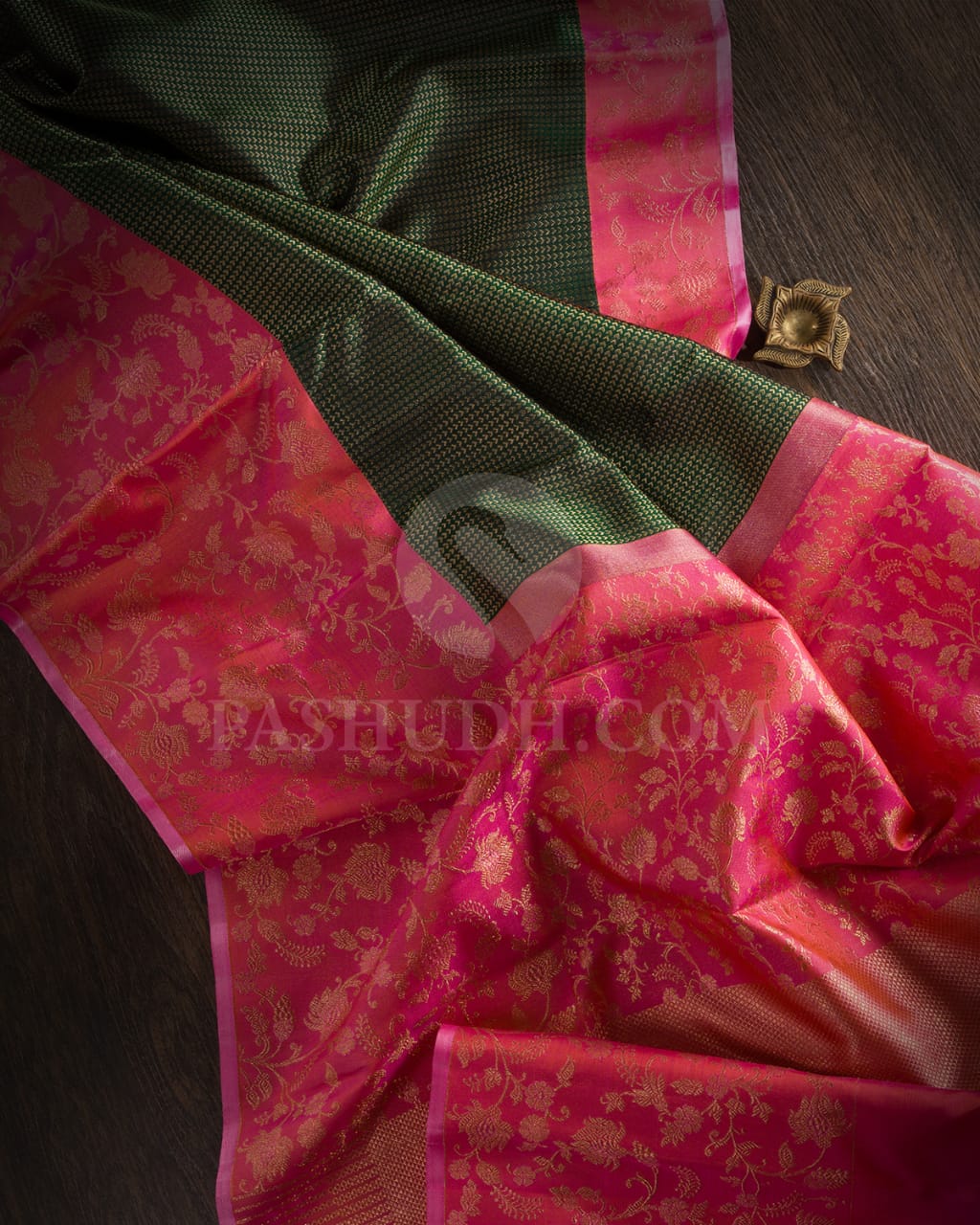 Bottle Green & Rose Pink Kanjivaram Silk Saree - S1070(F)