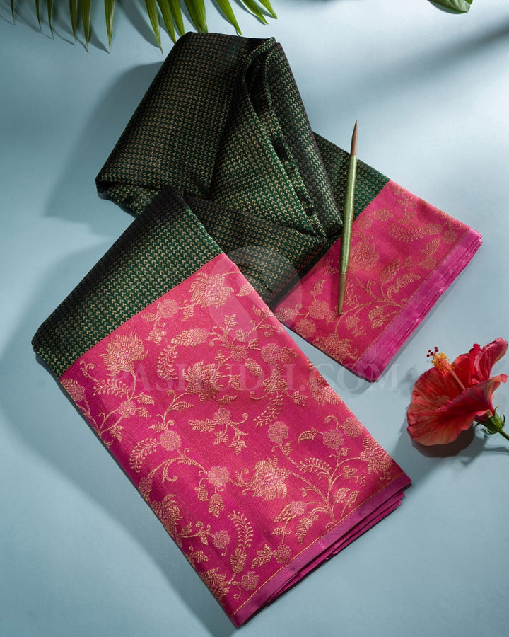 Bottle Green & Rose Pink Kanjivaram Silk Saree - S1070(F)