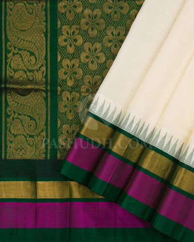 Half White,Bottle Green & Magenta Kanjivaram Silk Cotton Saree - RC19