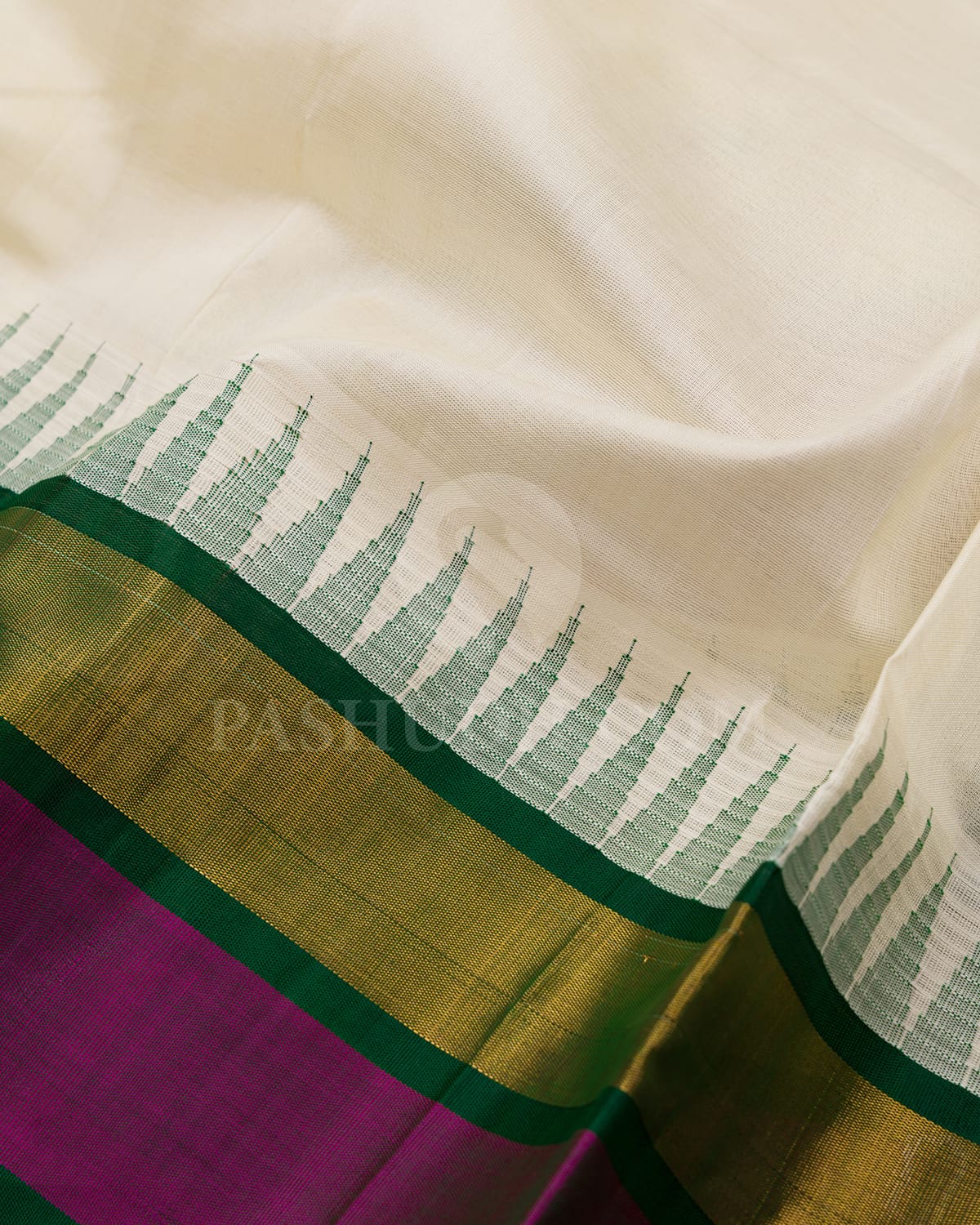 Half White,Bottle Green & Magenta Kanjivaram Silk Cotton Saree - RC19