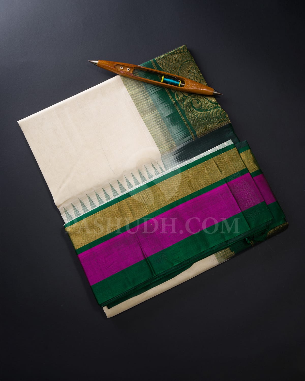 Half White,Bottle Green & Magenta Kanjivaram Silk Cotton Saree - RC19