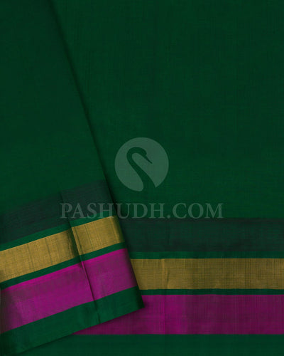 Half White,Bottle Green & Magenta Kanjivaram Silk Cotton Saree - RC19