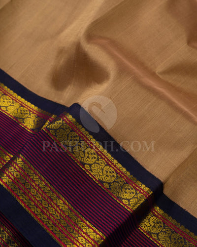 Dark Beige & Navy Blue Kanjivaram Silk Cotton Saree - RC5