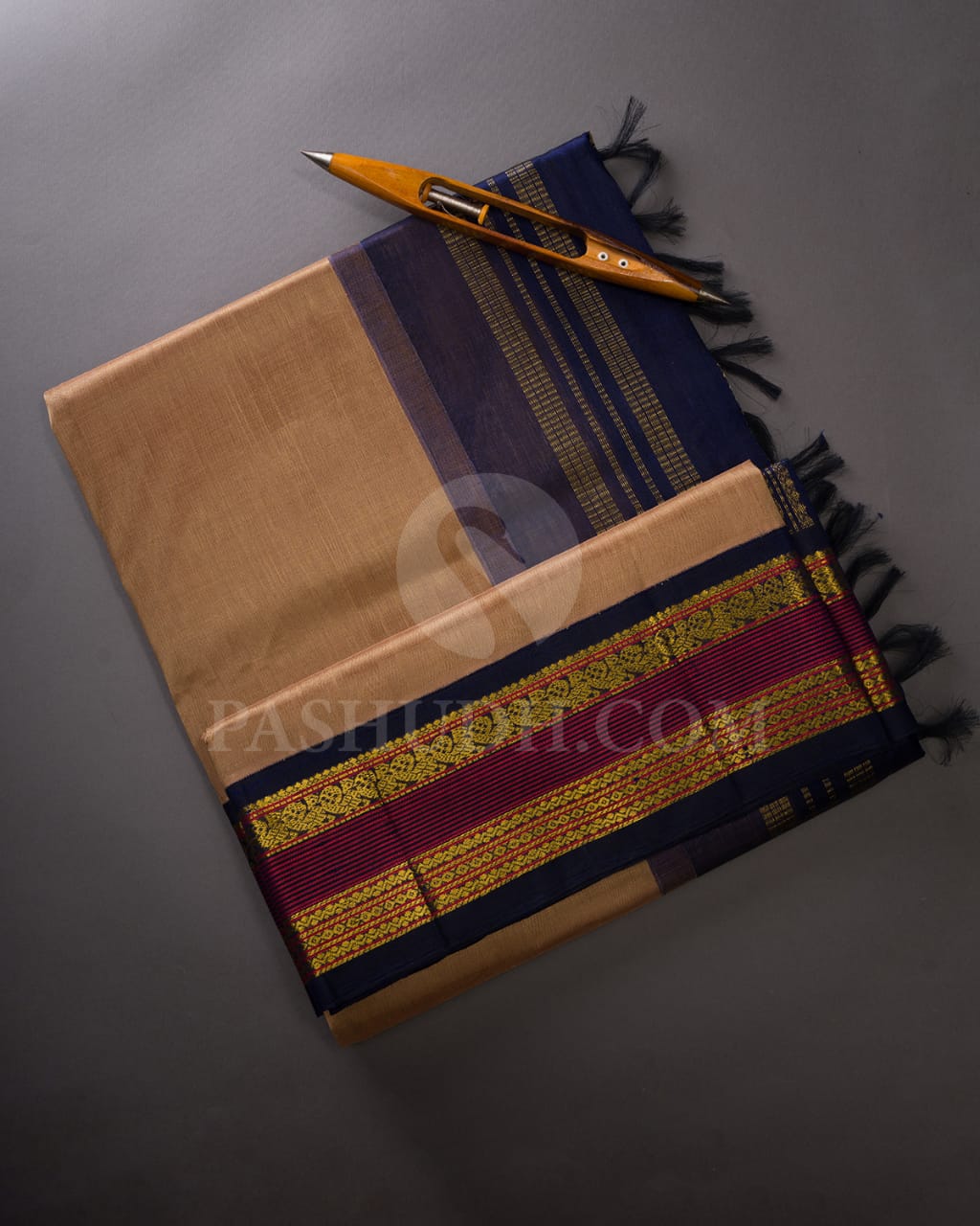 Dark Beige & Navy Blue Kanjivaram Silk Cotton Saree - RC5