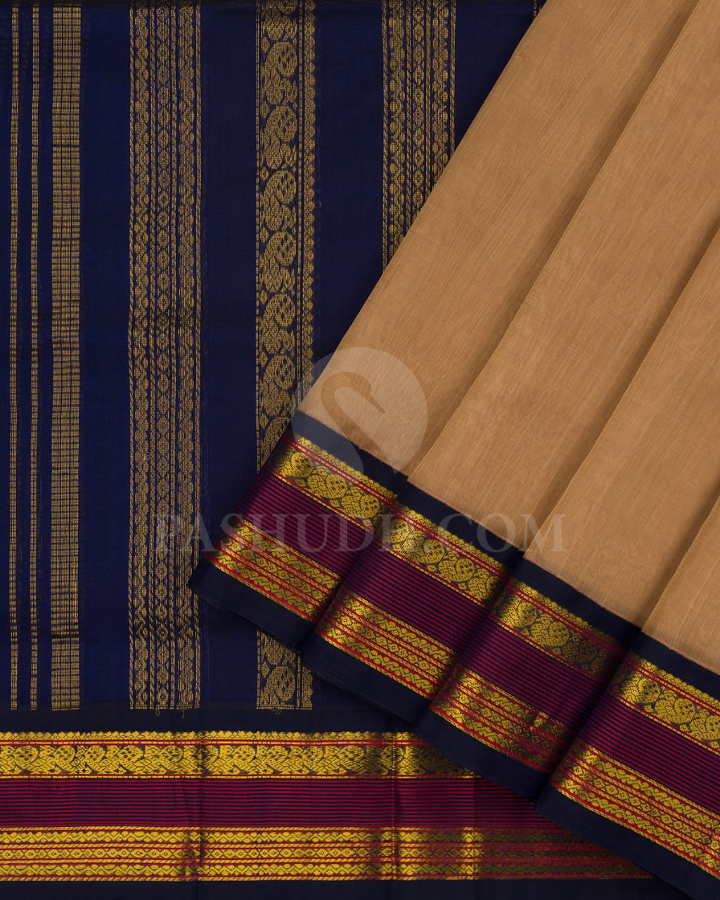 Dark Beige & Navy Blue Kanjivaram Silk Cotton Saree - RC5