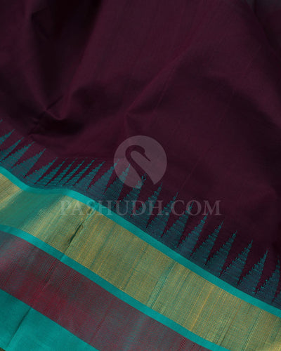 Aubergine & Sky Blue Kanjivaram Silk Cotton Saree - RC22