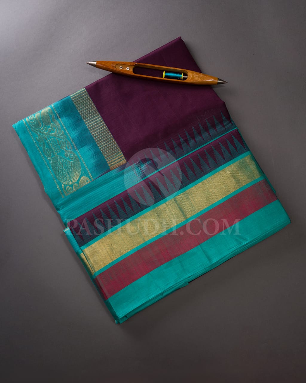 Aubergine & Sky Blue Kanjivaram Silk Cotton Saree - RC22