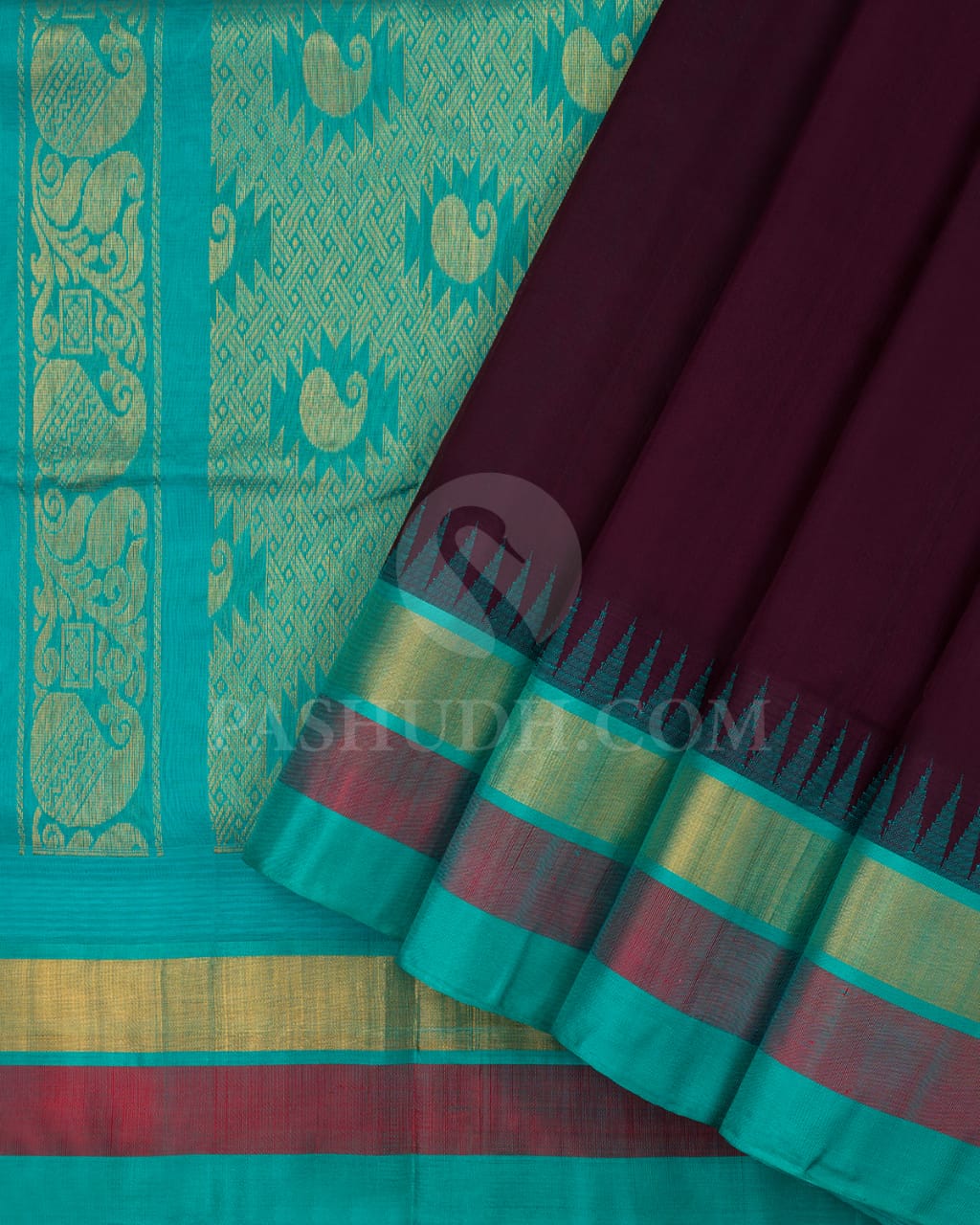 Aubergine & Sky Blue Kanjivaram Silk Cotton Saree - RC22