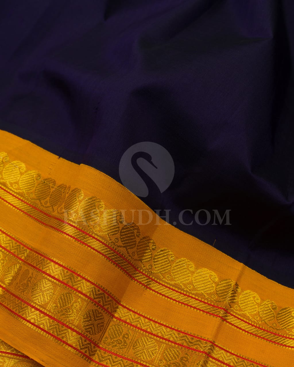 Navy Blue and Mango Yellow Kanjivaram Silk Cotton Saree - RC2