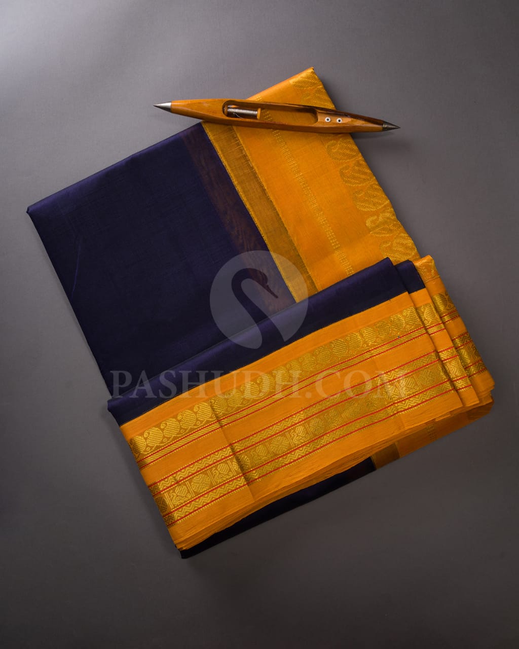 Navy Blue and Mango Yellow Kanjivaram Silk Cotton Saree - RC2