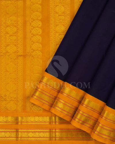 Navy Blue and Mango Yellow Kanjivaram Silk Cotton Saree - RC2