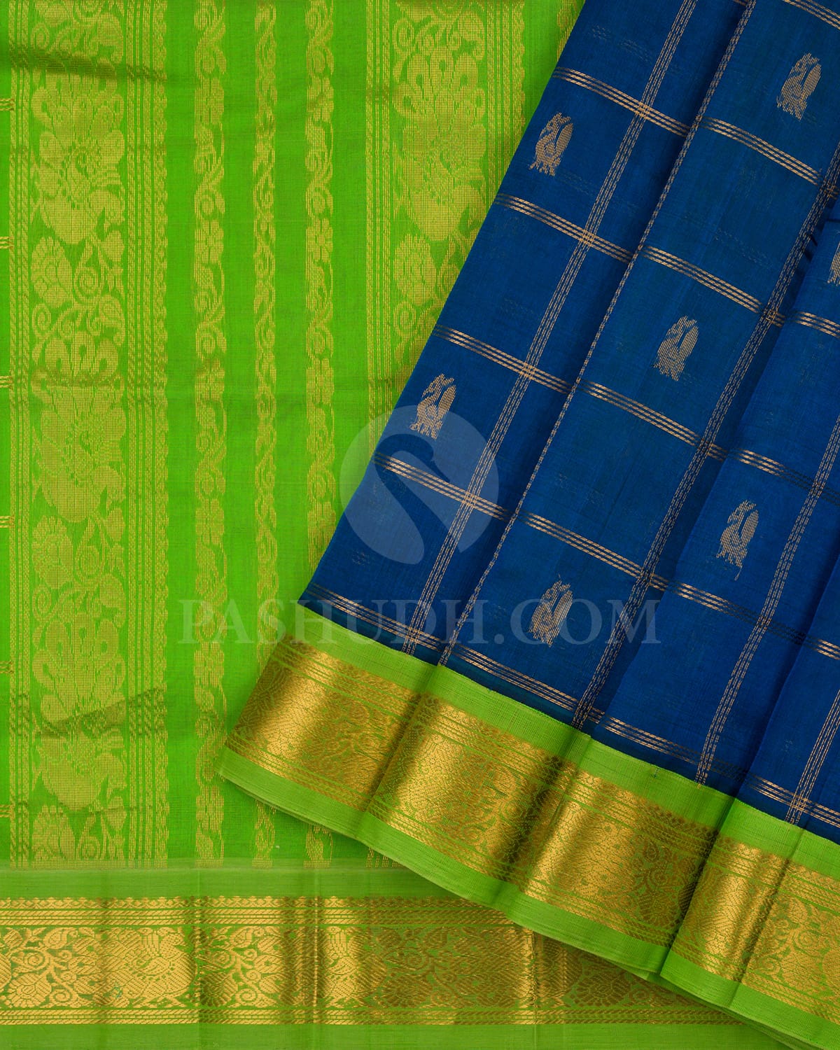 Cobalt Blue And Parrot Green Kanjivaram Silk Cotton Saree - RC27