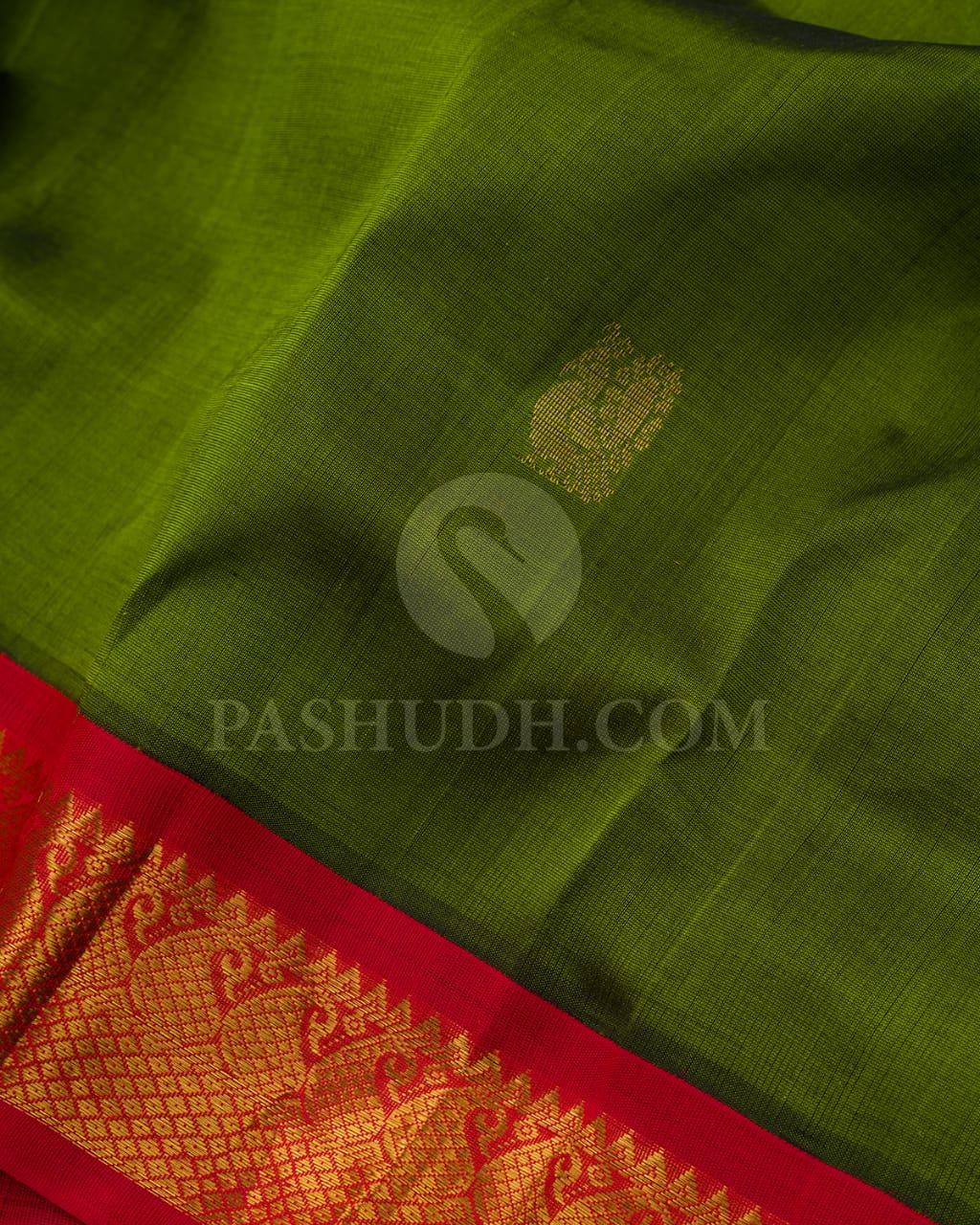 Olive Green and Crimson Red Kanjivaram Silk Cotton Saree - RC9