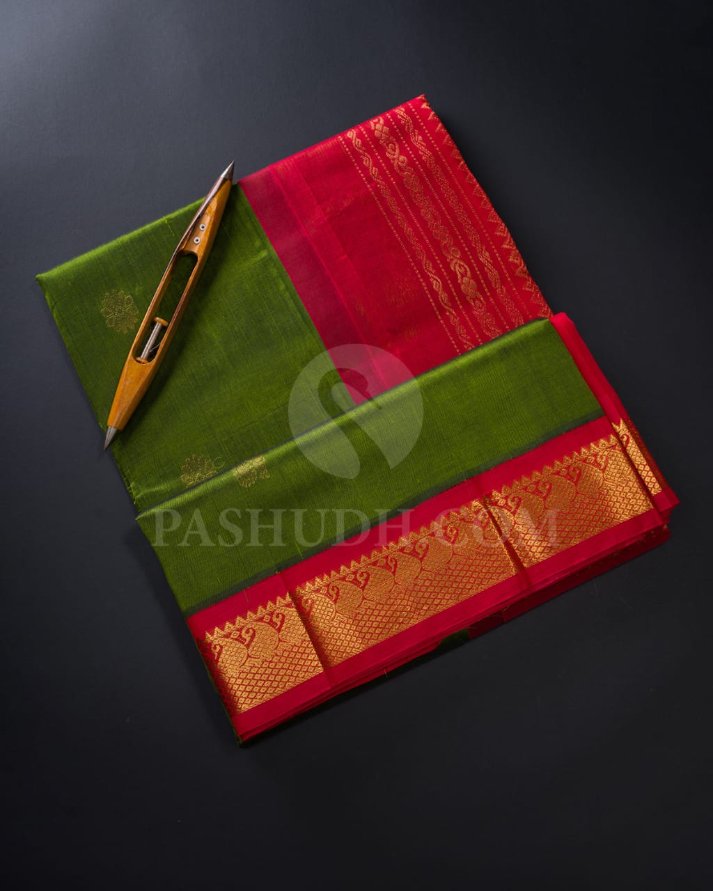 Olive Green and Crimson Red Kanjivaram Silk Cotton Saree - RC9