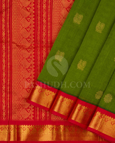 Olive Green and Crimson Red Kanjivaram Silk Cotton Saree - RC9