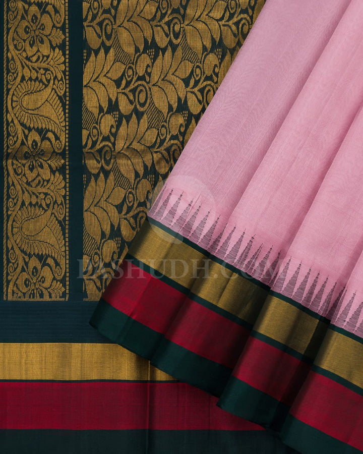 Light Pink & Dark Green Kanjivaram Silk Cotton Saree - RC20
