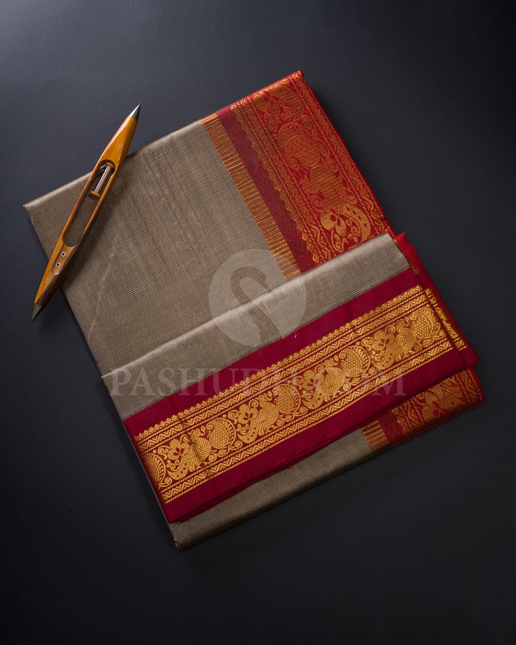 Grey and Red Kanjivaram Silk Cotton Saree - RC14