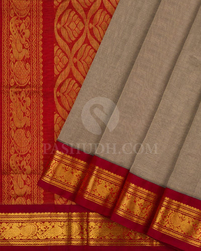 Grey and Red Kanjivaram Silk Cotton Saree - RC14