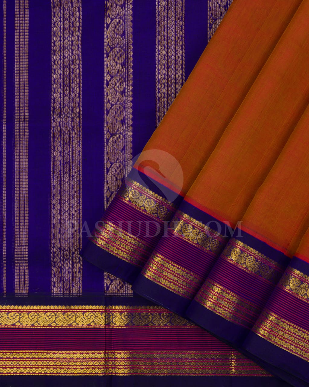 Honey Shade and Royal Blue Kanjivaram Silk Cotton Saree - RC3