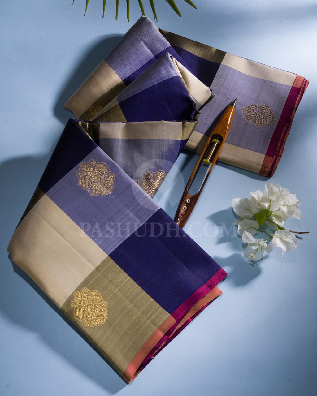 Blue,Beige and Ivory Traditional Borderless Kanjivaram Silk Saree- I2