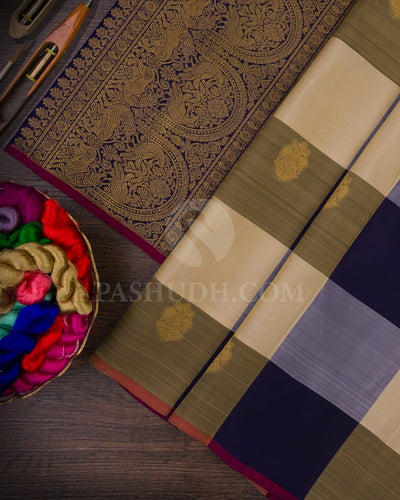 Blue,Beige and Ivory Traditional Borderless Kanjivaram Silk Saree- I2