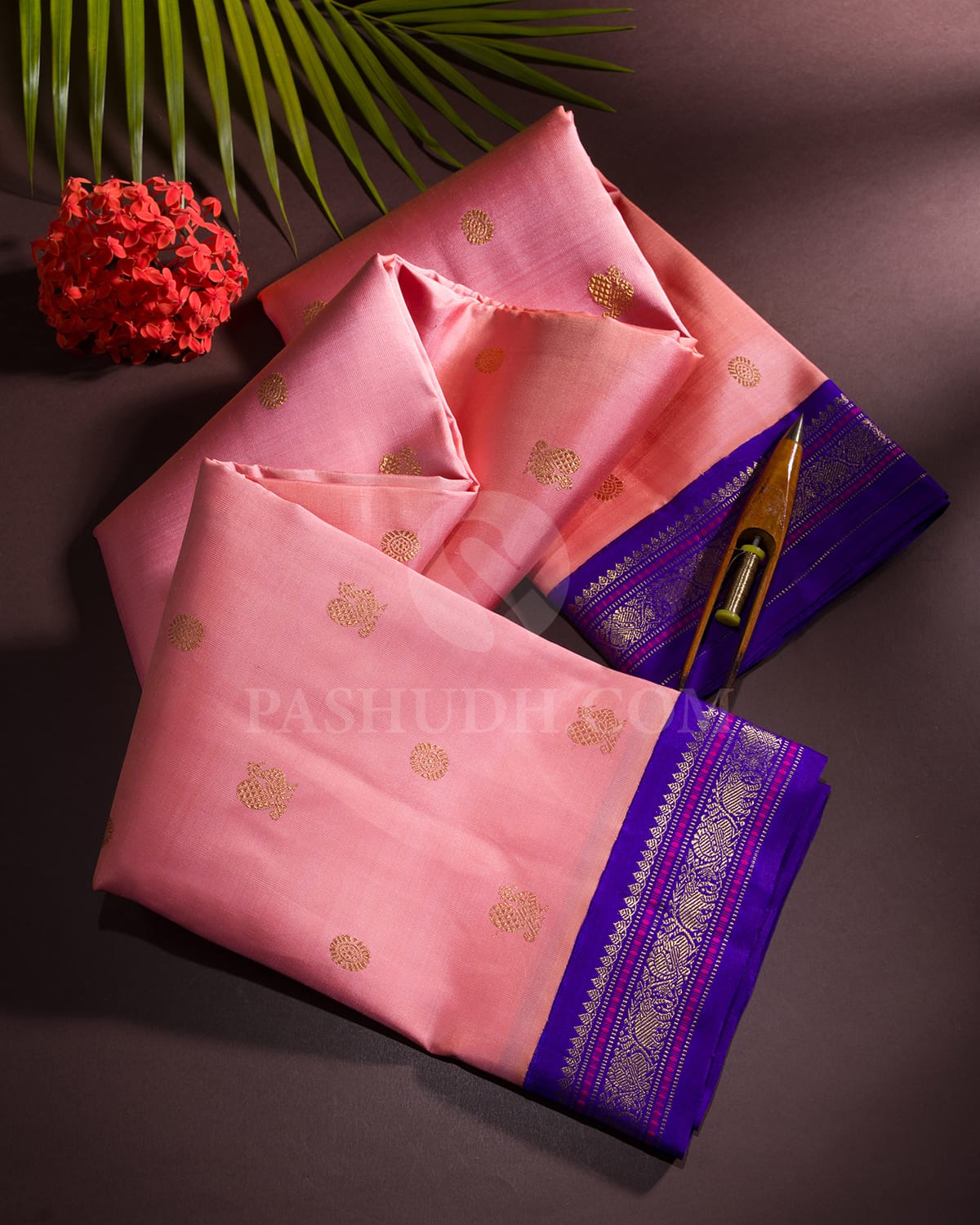 Peachy Pink & Bright Royal  Blue Kanjivaram Silk Saree-A3