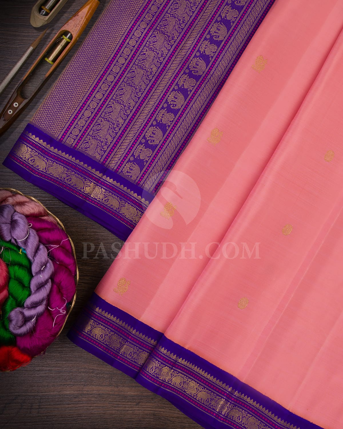 Peachy Pink & Bright Royal  Blue Kanjivaram Silk Saree-A3