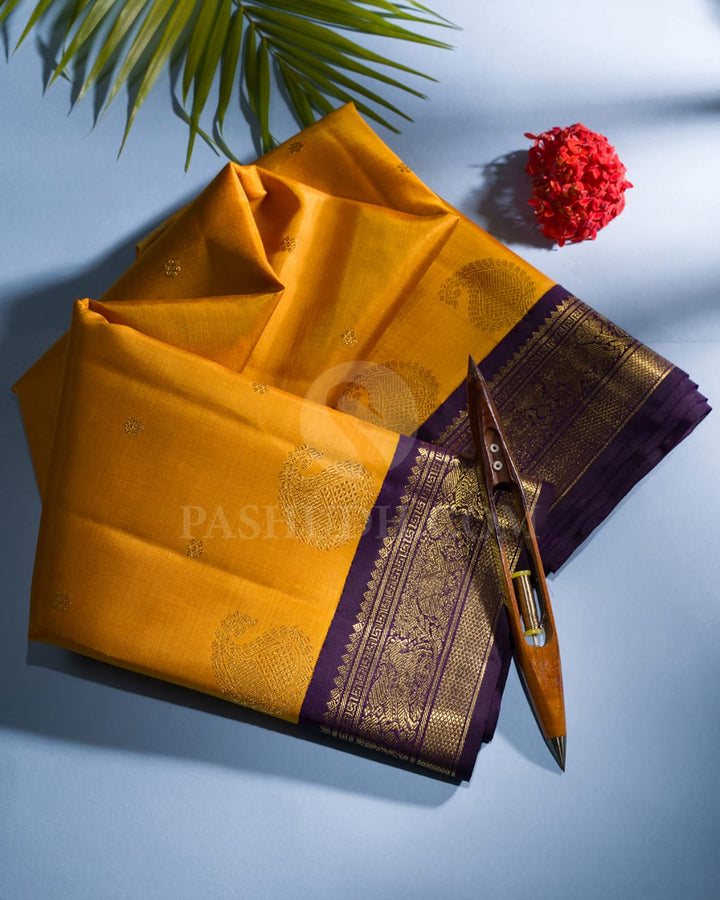 Mango Yellow & Deep Purple  Kanjivaram Silk Saree-A4