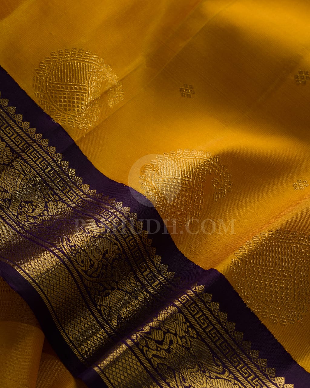 Mango Yellow & Deep Purple  Kanjivaram Silk Saree-A4