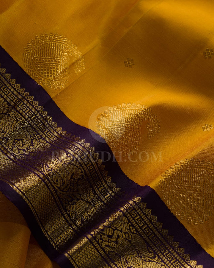 Mango Yellow & Deep Purple  Kanjivaram Silk Saree-A4