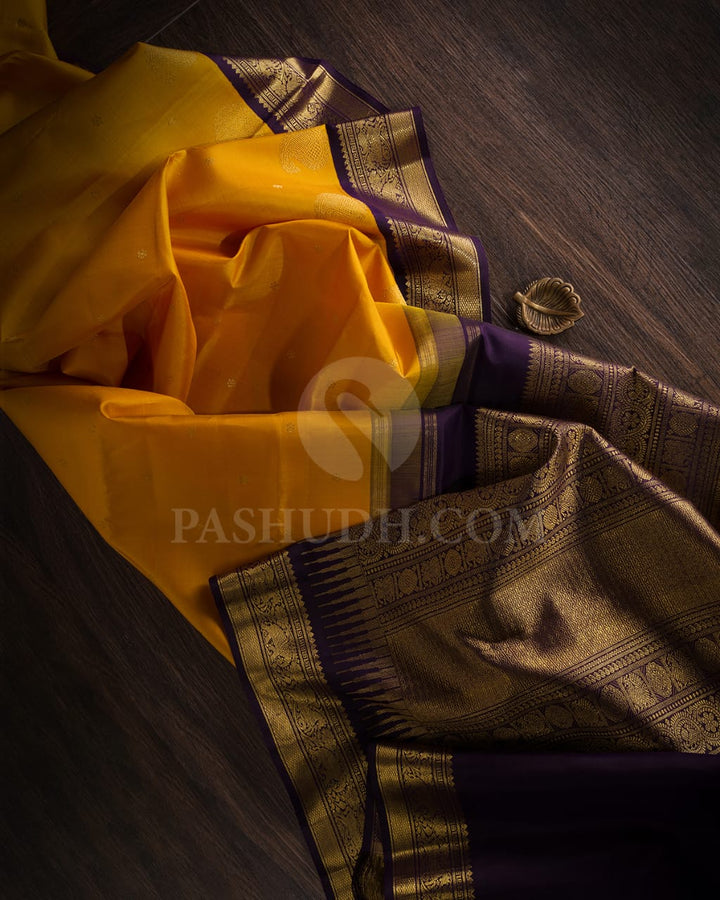Mango Yellow & Deep Purple  Kanjivaram Silk Saree-A4