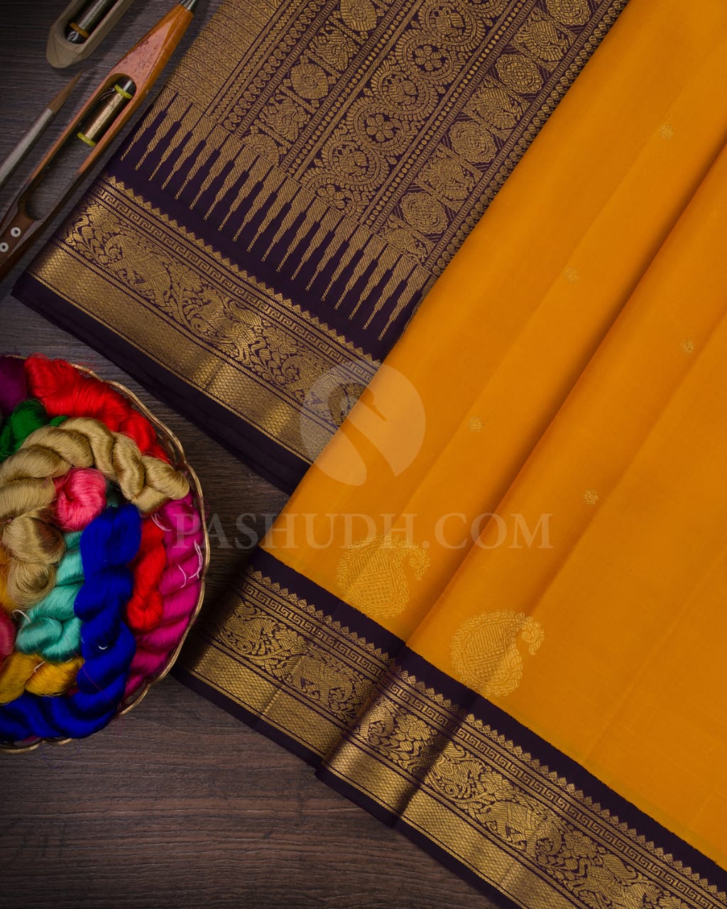 Mango Yellow & Dark  Brown Kanjivaram Silk Saree-A4