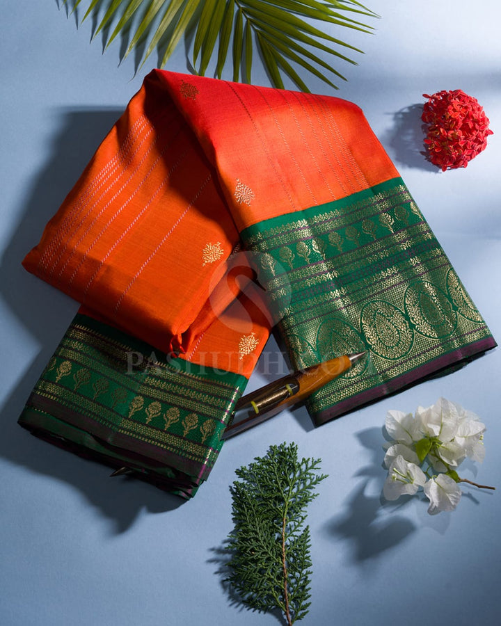 Deep Orange & Forest Green Kanjivaram Silk Saree-S1432(A)