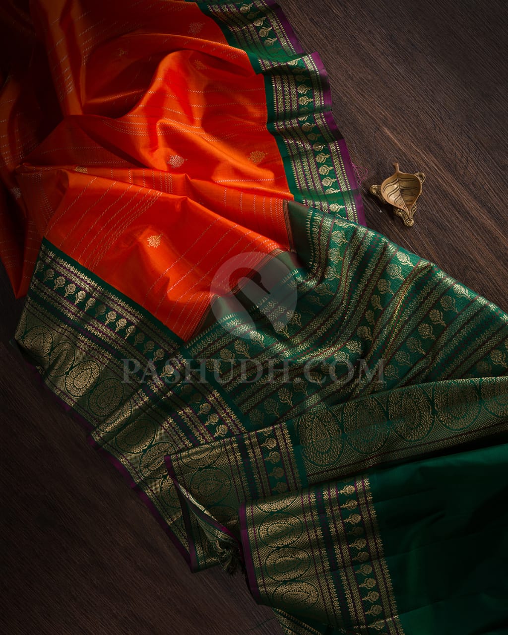 Deep Orange & Forest Green Kanjivaram Silk Saree-S1432(A)