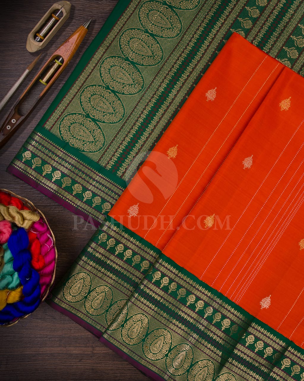 Deep Orange & Forest Green Kanjivaram Silk Saree-S1432(A)