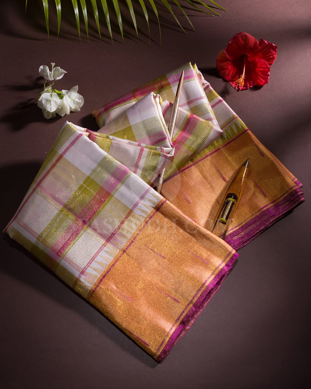 Half White,Green & Pink Kanjivaram Silk Saree-P143(D)