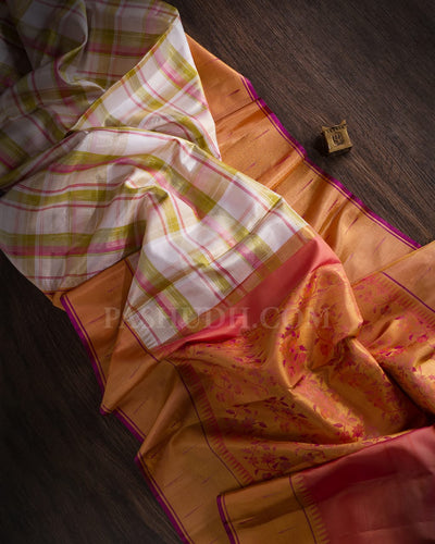 Half White,Green & Pink Kanjivaram Silk Saree-P143(D)