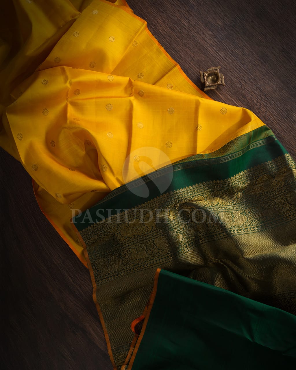 Mango Yellow & Bottle Green Traditional Borderless Kanjivaram Silk Saree-H9