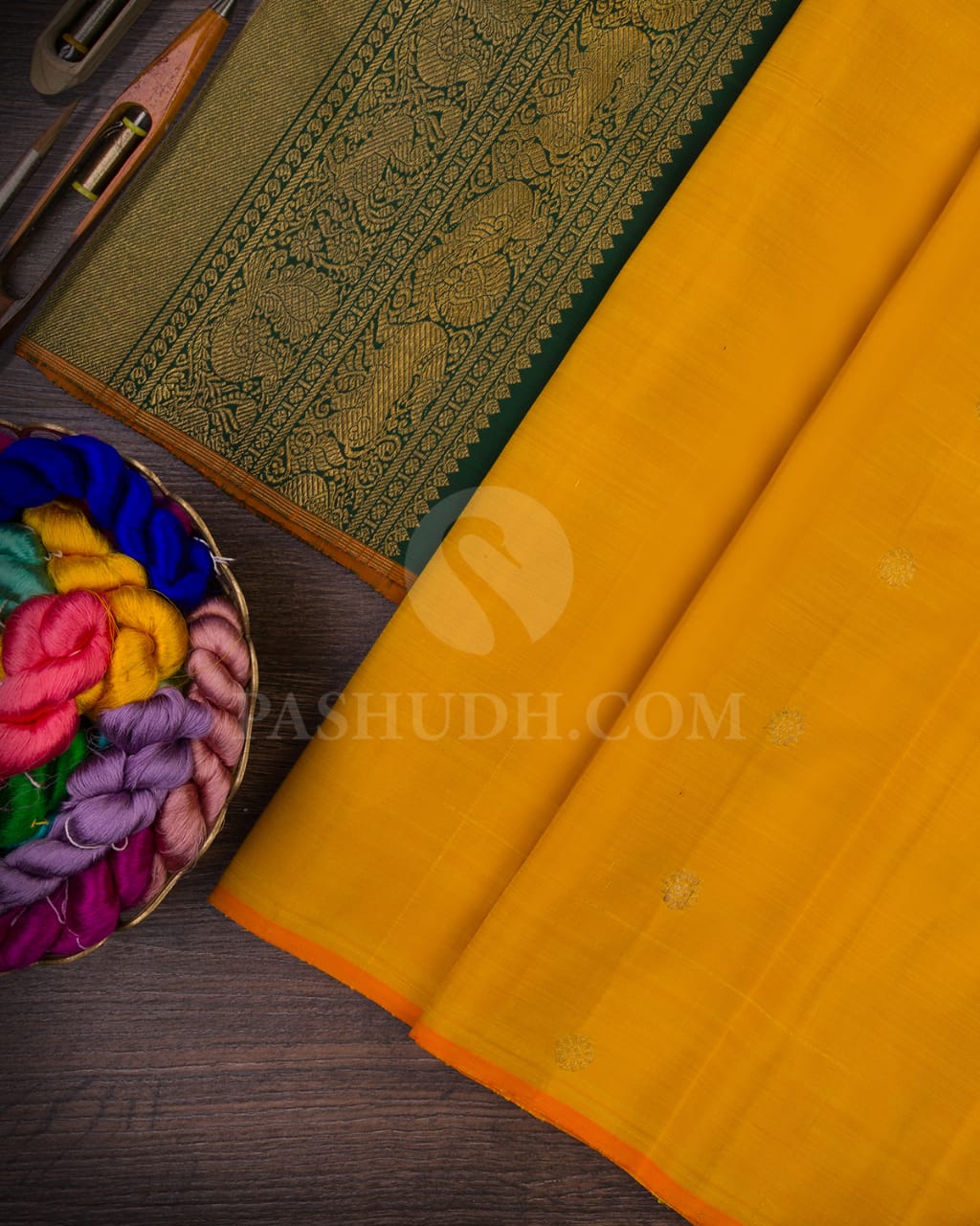 Mango Yellow & Bottle Green Traditional Borderless Kanjivaram Silk Saree-H9