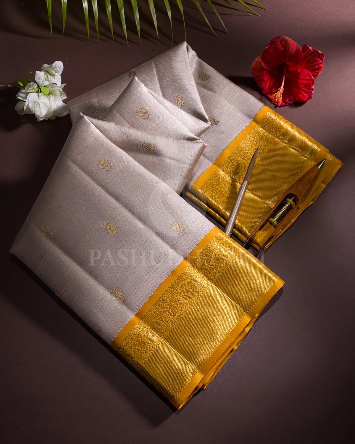 Grey &  Mustard Yellow Kanjivaram Silk Saree-B12