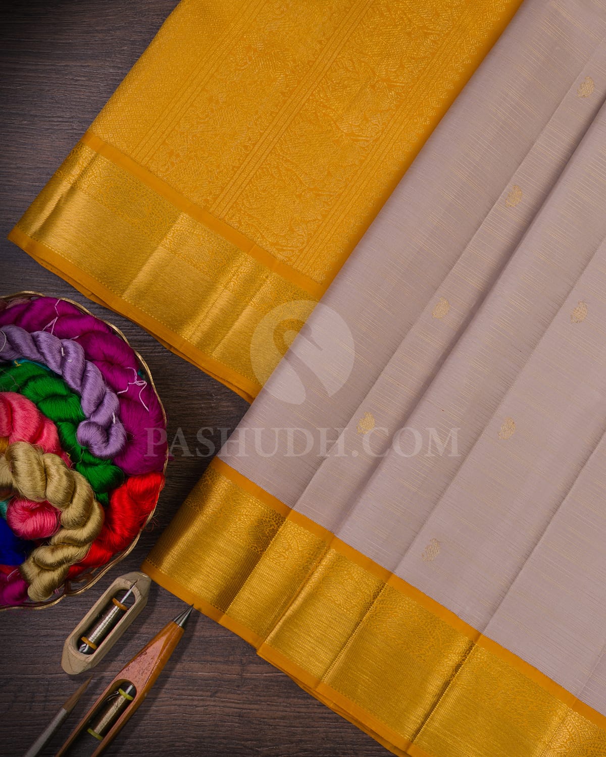 Grey &  Mustard Yellow Kanjivaram Silk Saree-B12