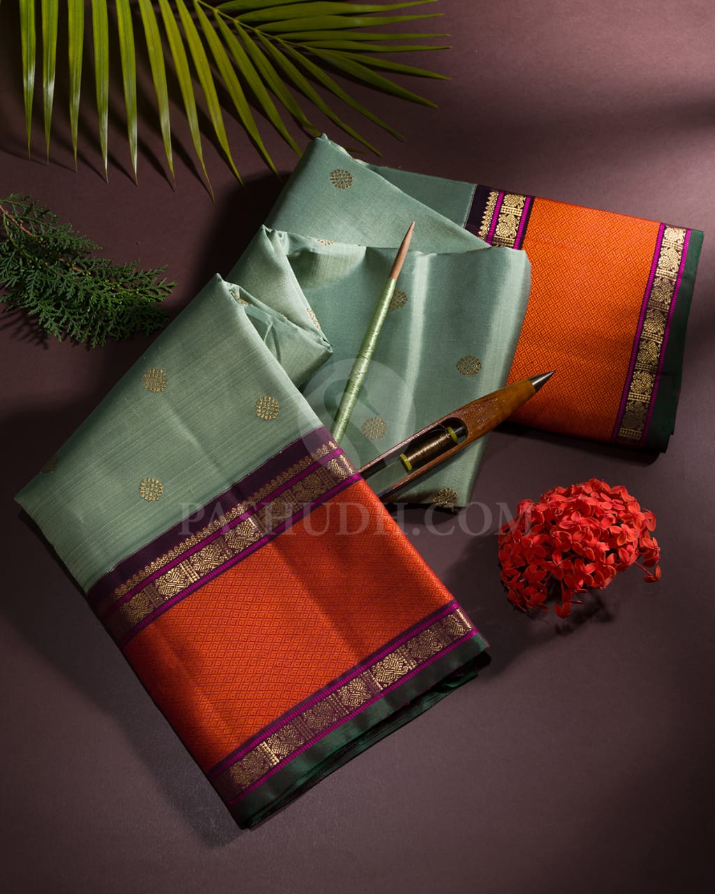 Sage Green & Burgundy Kanjivaram Silk Saree-H1