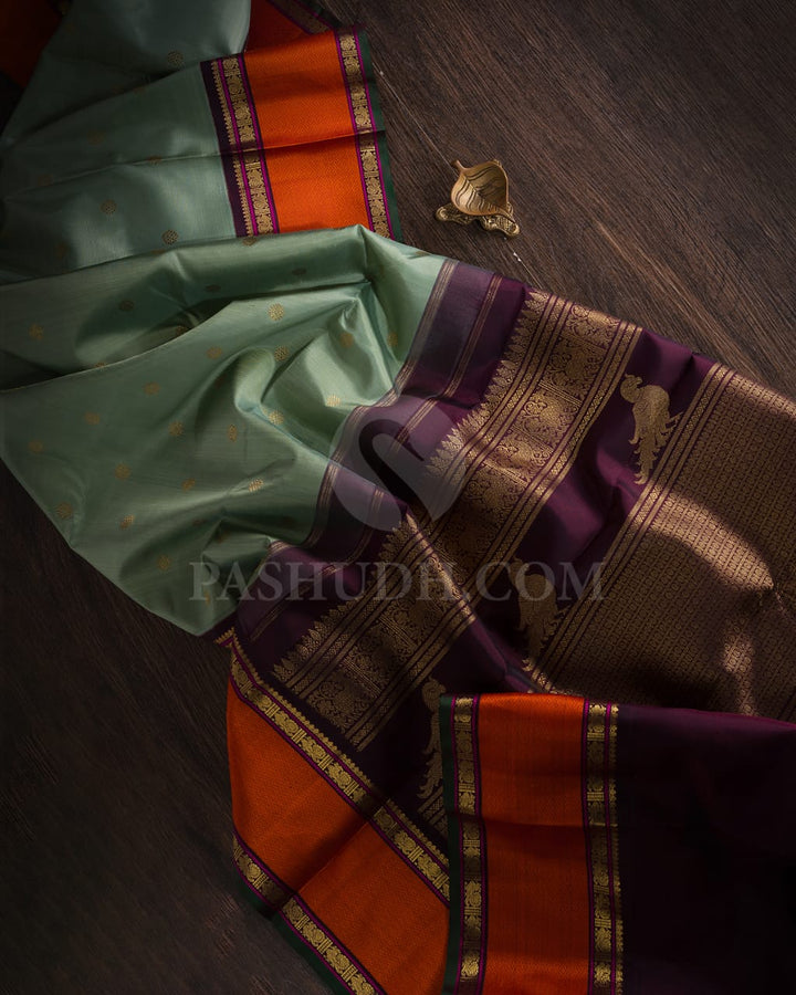 Sage Green & Burgundy Kanjivaram Silk Saree-H1