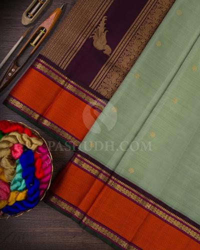 Sage Green & Burgundy Kanjivaram Silk Saree-H1