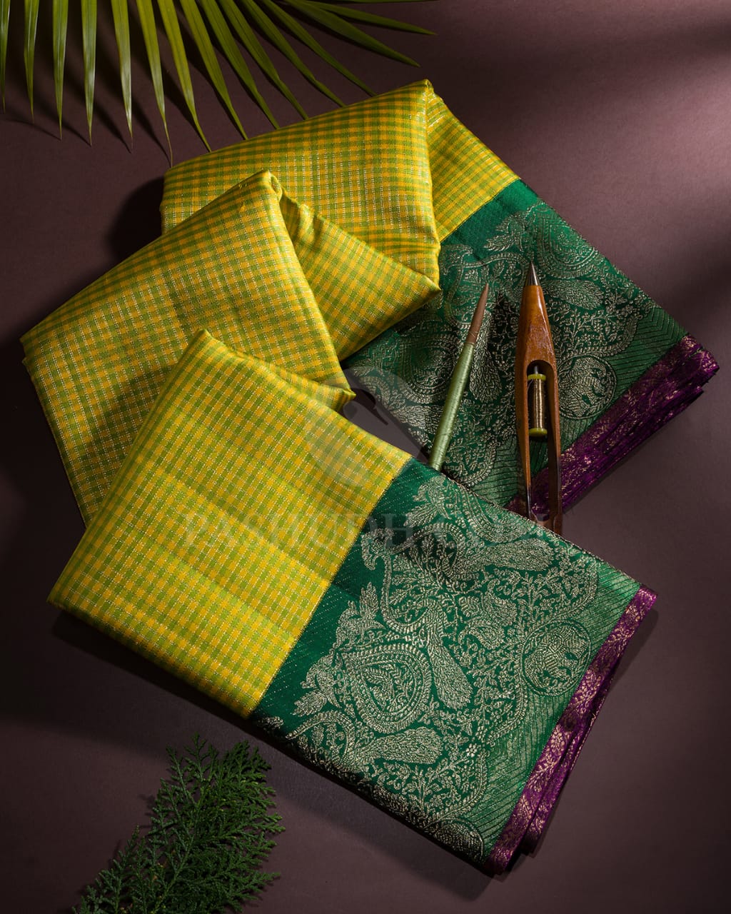 Yellow & Dark Green Kanjivaram Silk Saree-S1103(E)