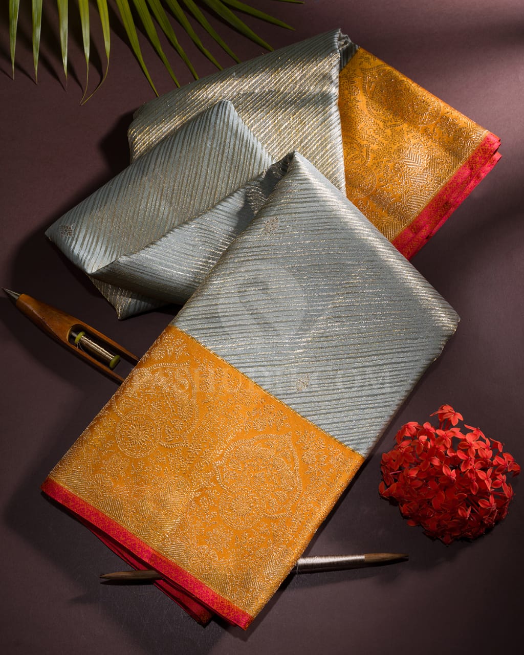 Powder Blue & Mango Yellow Tissue Kanjivaram Silk Saree-S1379(A)