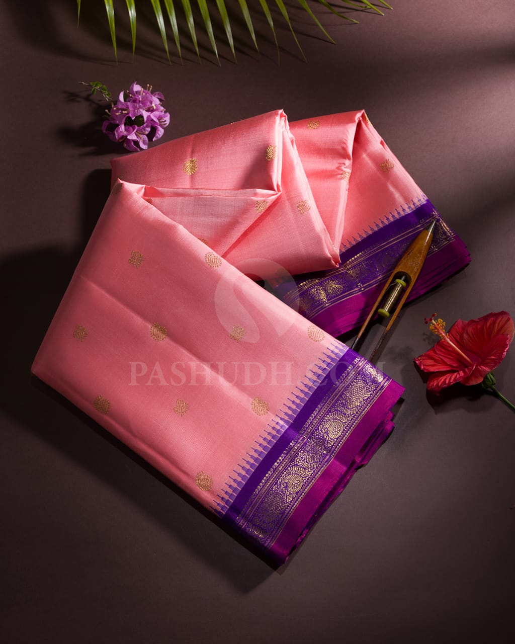 Peachy Pink & Violet Kanjivaram Silk Saree-B3