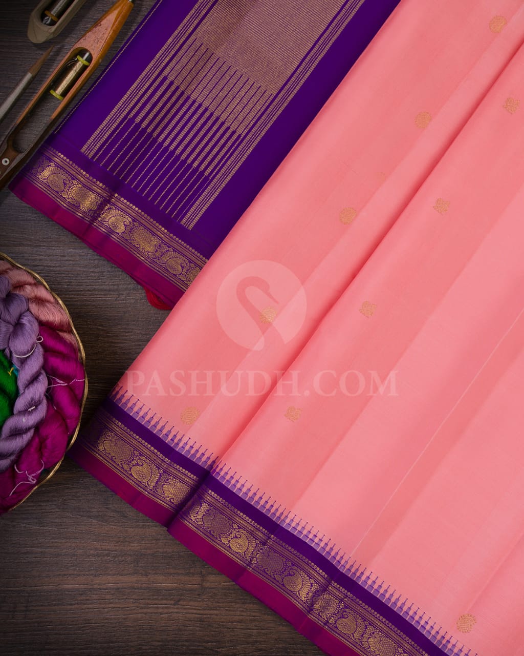 Peachy Pink & Violet Kanjivaram Silk Saree-B3